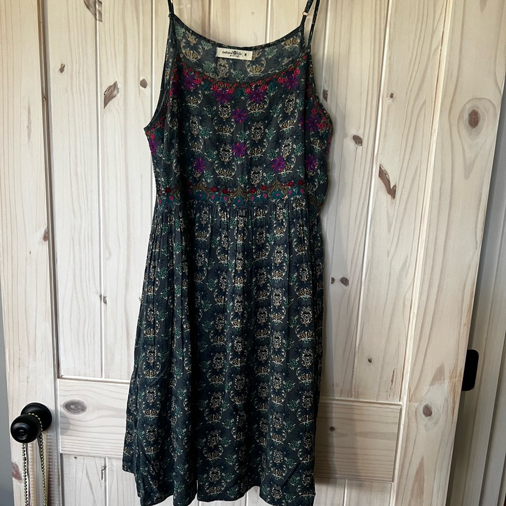 NATURAL LIFE Dark Green Printed Midi Dress with Pink & Red Floral Embroidery